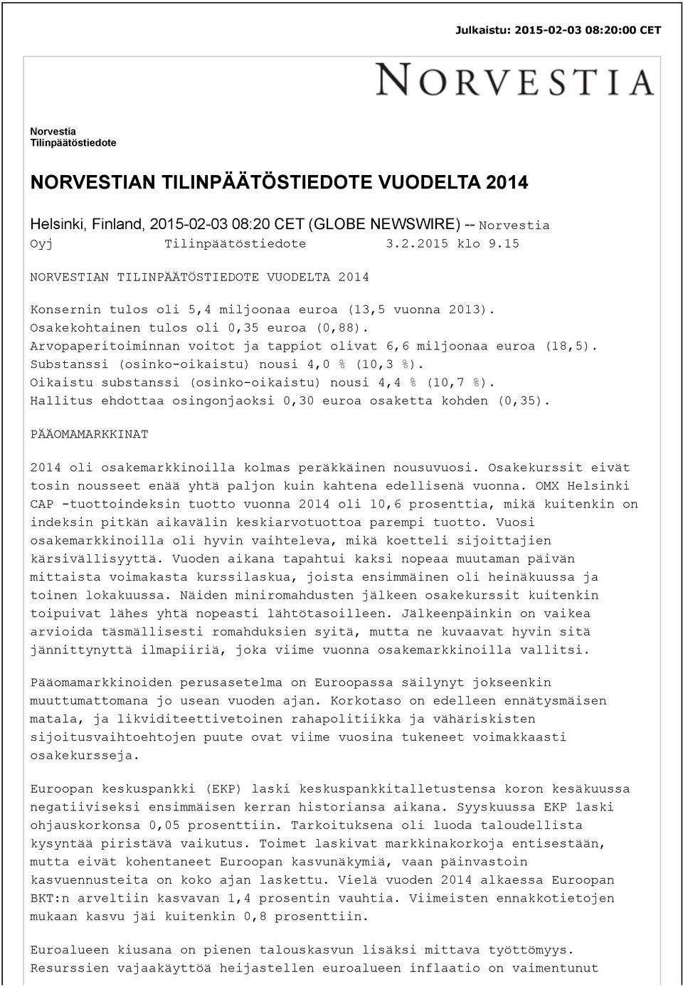Arvopaperitoiminnan voitot ja tappiot olivat 6,6 miljoonaa euroa (18,5). Substanssi (osinko-oikaistu) nousi 4,0 % (10,3 %). Oikaistu substanssi (osinko-oikaistu) nousi 4,4 % (10,7 %).