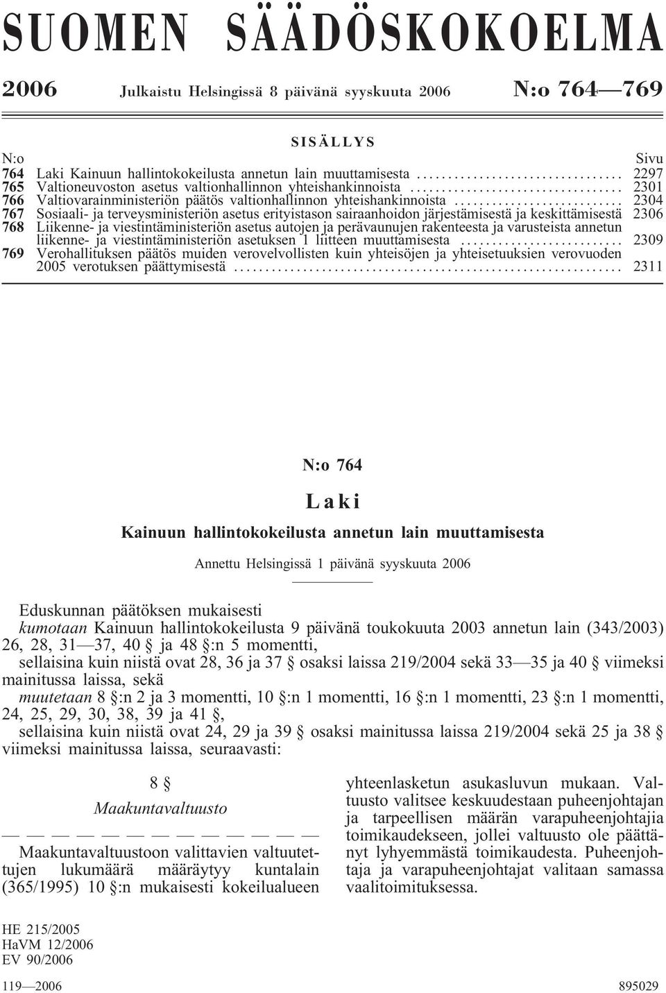 .. 2304 767 Sosiaali- ja terveysministeriön asetus erityistason sairaanhoidon järjestämisestä ja keskittämisestä 2306 768 Liikenne- ja viestintäministeriön asetus autojen ja perävaunujen rakenteesta