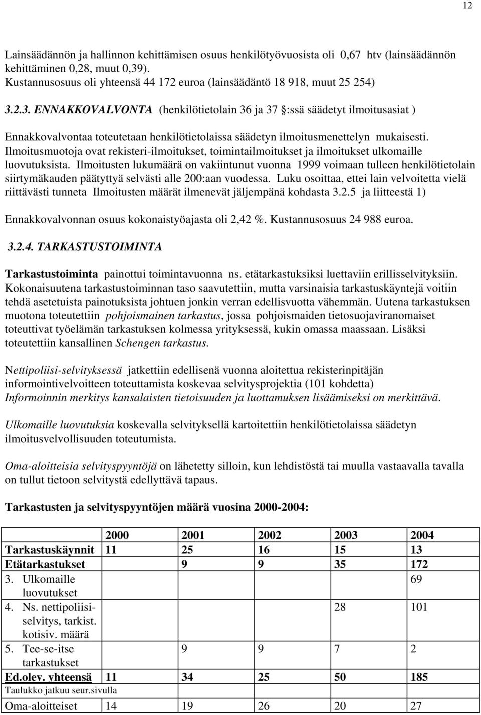 2.3. ENNAKKOVALVONTA (henkilötietolain 36 ja 37 :ssä säädetyt ilmoitusasiat ) Ennakkovalvontaa toteutetaan henkilötietolaissa säädetyn ilmoitusmenettelyn mukaisesti.