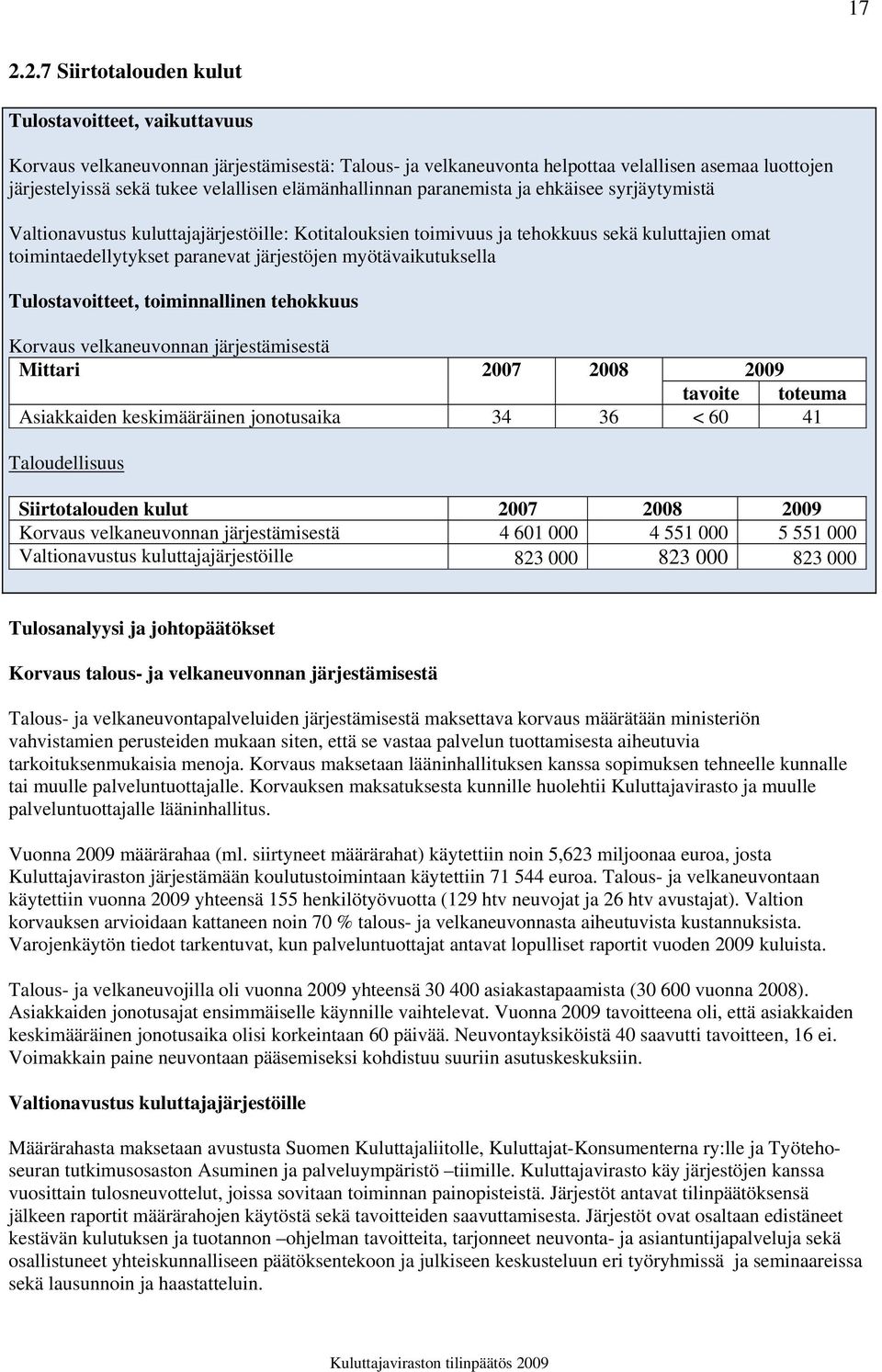 myötävaikutuksella Tulostavoitteet, toiminnallinen tehokkuus Korvaus velkaneuvonnan järjestämisestä Mittari 2007 2008 2009 tavoite toteuma Asiakkaiden keskimääräinen jonotusaika 34 36 < 60 41