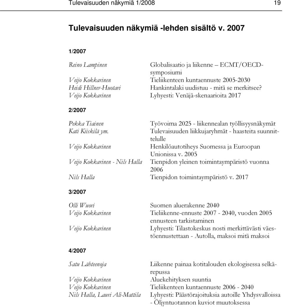 Veijo Kokkarinen Lyhyesti: Venäjä-skenaarioita 2017 2/2007 Pekka Tiainen Työvoima 2025 - liikennealan työllisyysnäkymät Kati Kiiskilä ym.