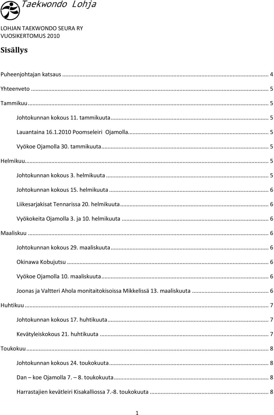 .. 6 Johtokunnan kokous 29. maaliskuuta... 6 Okinawa Kobujutsu... 6 Vyökoe Ojamolla 10. maaliskuuta... 6 Joonas ja Valtteri Ahola monitaitokisoissa Mikkelissä 13. maaliskuuta... 6 Huhtikuu.