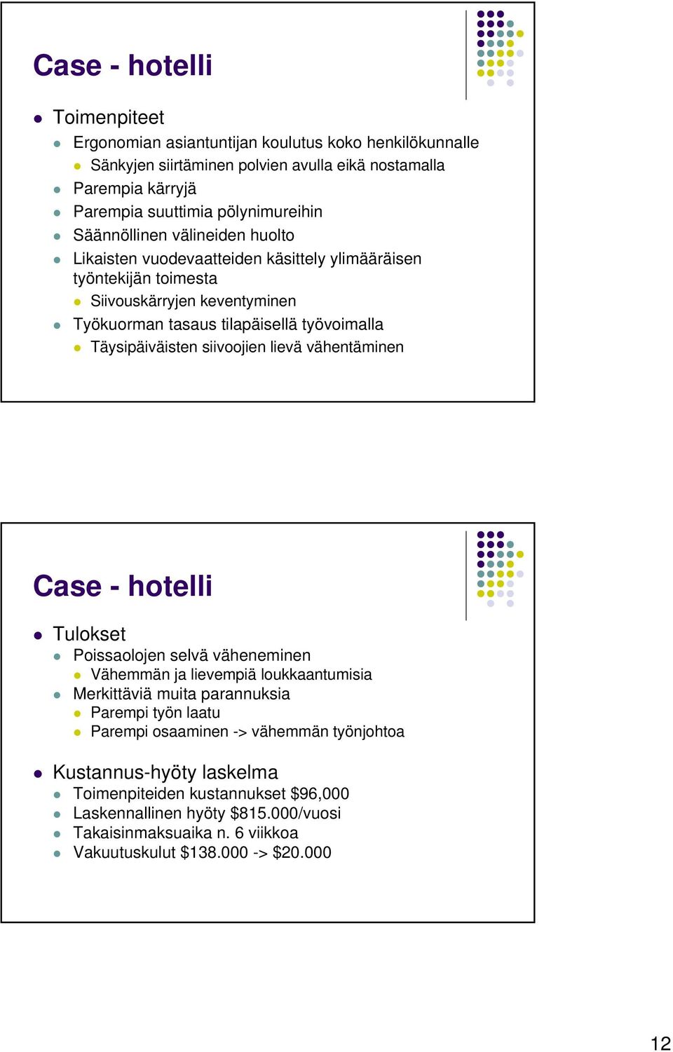 Täysipäiväisten siivoojien lievä vähentäminen Case - hotelli Tulokset Poissaolojen selvä väheneminen Vähemmän ja lievempiä loukkaantumisia Merkittäviä muita parannuksia Parempi työn laatu