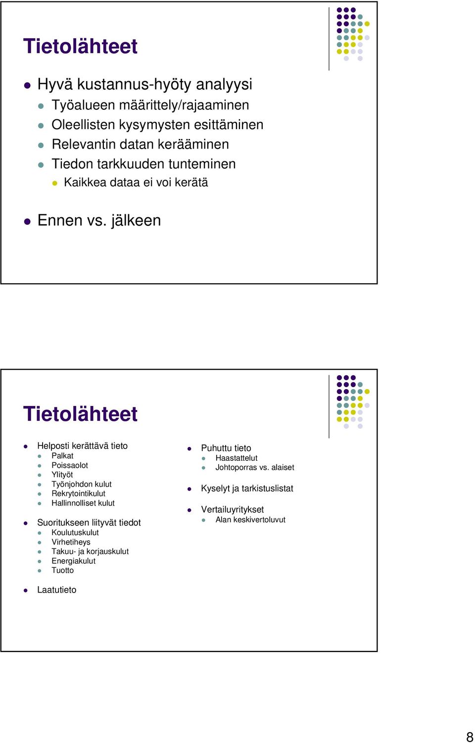 jälkeen Tietolähteet Helposti kerättävä tieto Palkat Poissaolot Ylityöt Työnjohdon kulut Rekrytointikulut Hallinnolliset kulut Suoritukseen