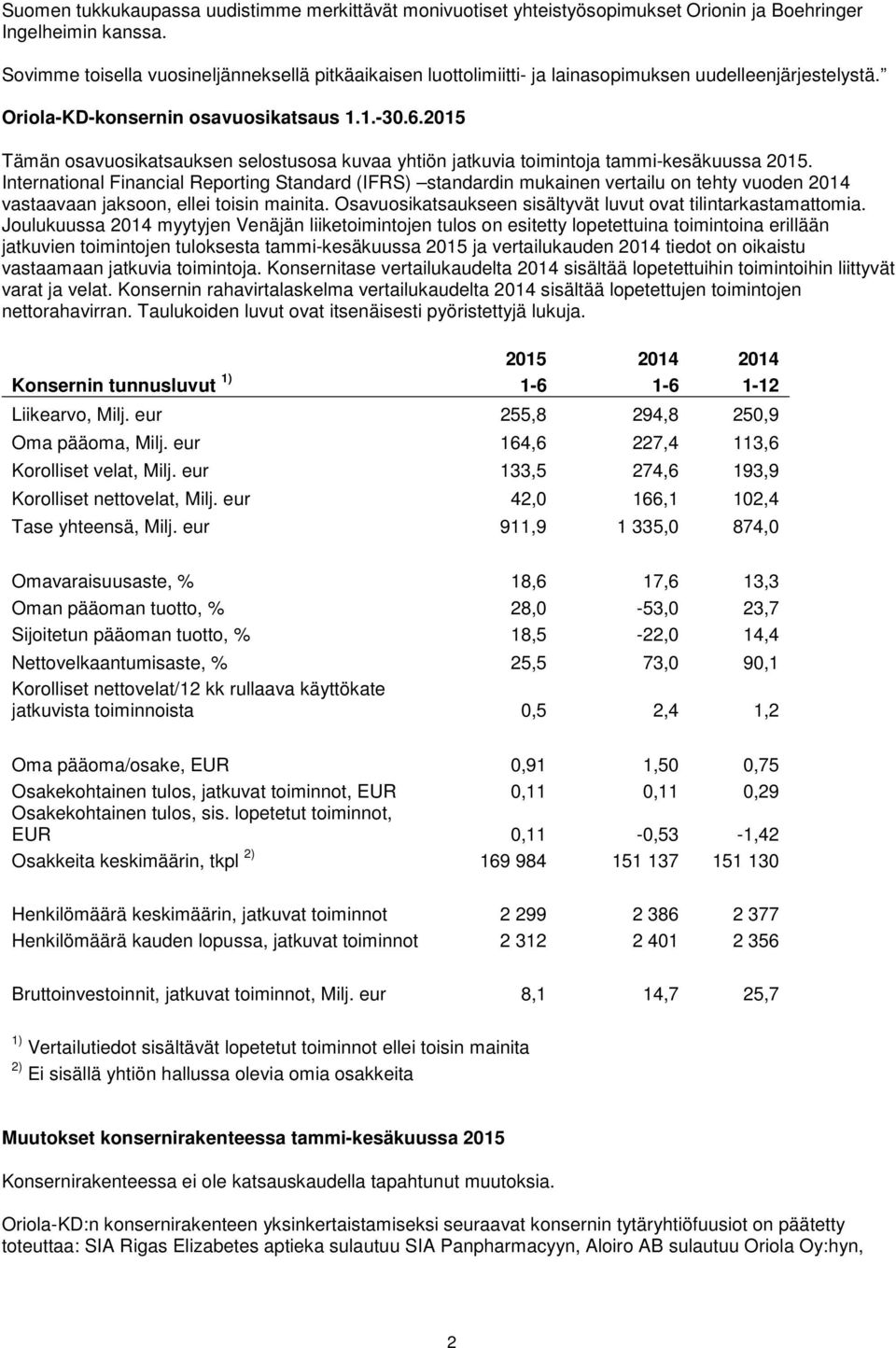 2015 Tämän osavuosikatsauksen selostusosa kuvaa yhtiön jatkuvia toimintoja tammi-kesäkuussa 2015.