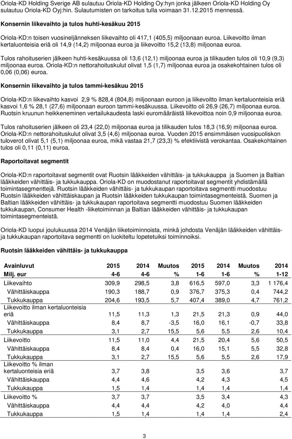 Liikevoitto ilman kertaluonteisia eriä oli 14,9 (14,2) miljoonaa euroa ja liikevoitto 15,2 (13,8) miljoonaa euroa.