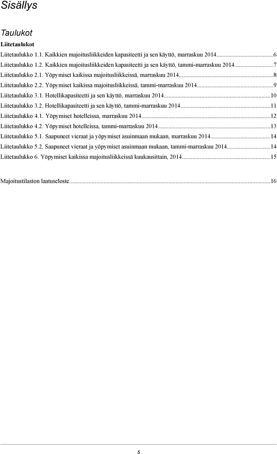 ..10 Liitetaulukko 3.2. Hotellikapasiteetti ja sen käyttö, tammi-marraskuu 2014...11 Liitetaulukko 4.1. Yöpymiset hotelleissa, marraskuu 2014...12 Liitetaulukko 4.2. Yöpymiset hotelleissa, tammi-marraskuu 2014.