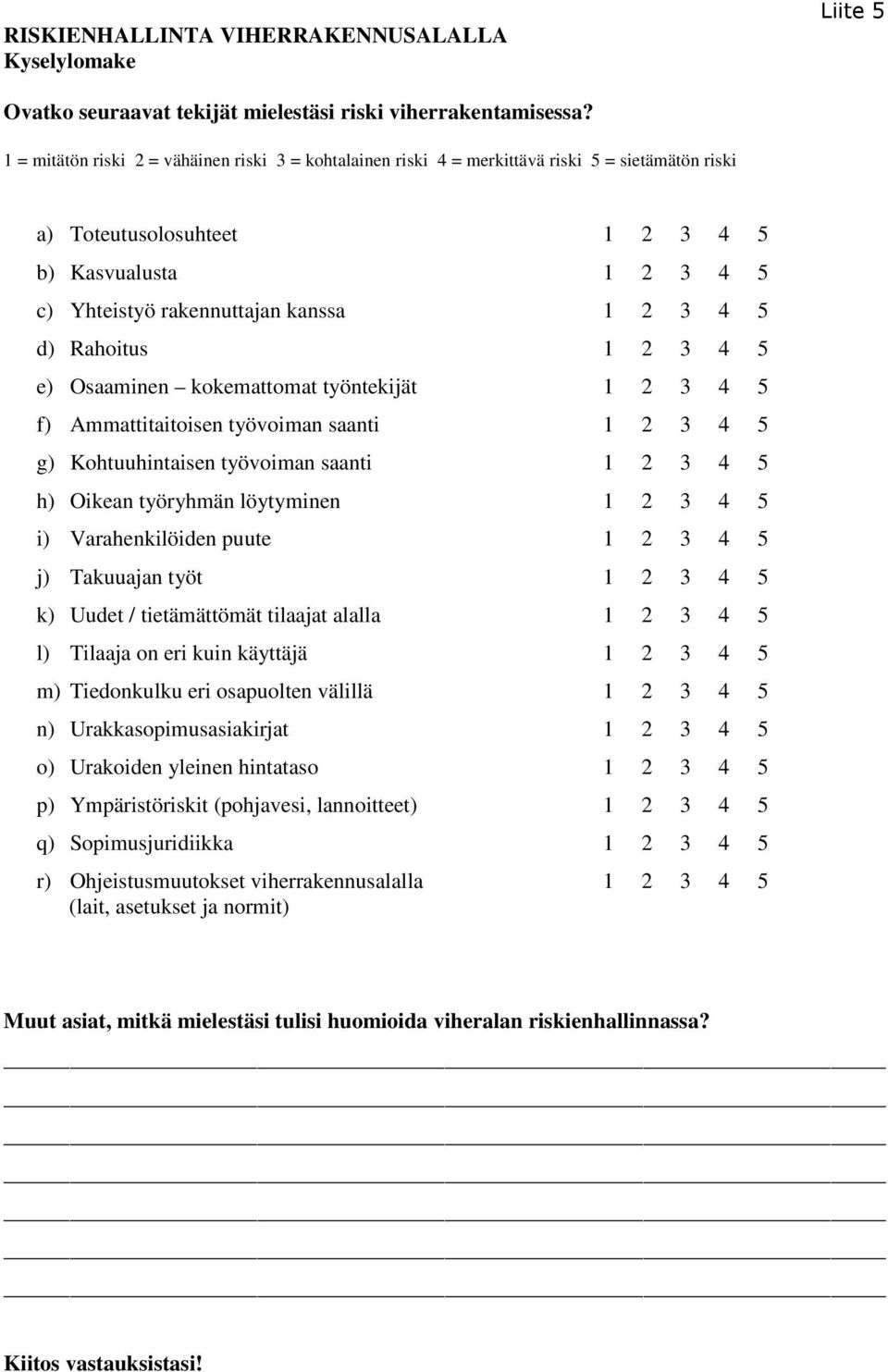 5 d) Rahoitus 1 2 3 4 5 e) Osaaminen kokemattomat työntekijät 1 2 3 4 5 f) Ammattitaitoisen työvoiman saanti 1 2 3 4 5 g) Kohtuuhintaisen työvoiman saanti 1 2 3 4 5 h) Oikean työryhmän löytyminen 1 2