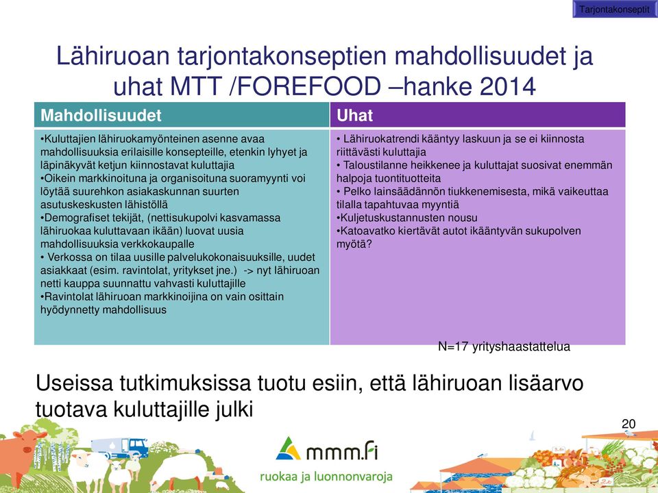 Demografiset tekijät, (nettisukupolvi kasvamassa lähiruokaa kuluttavaan ikään) luovat uusia mahdollisuuksia verkkokaupalle Verkossa on tilaa uusille palvelukokonaisuuksille, uudet asiakkaat (esim.