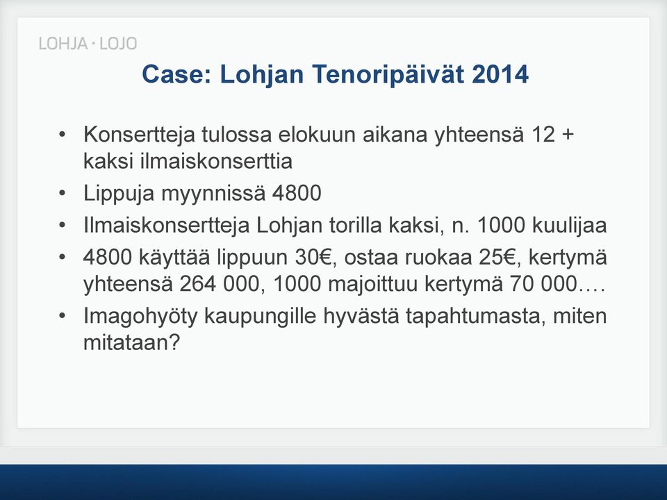 1000 kuulijaa 4800 käyttää lippuun 30, ostaa ruokaa 25, kertymä yhteensä 264 000,