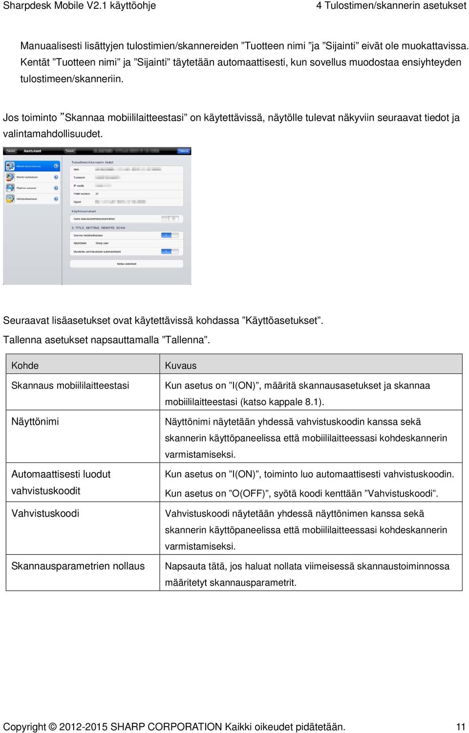 Jos toiminto Skannaa mobiililaitteestasi on käytettävissä, näytölle tulevat näkyviin seuraavat tiedot ja valintamahdollisuudet. Seuraavat lisäasetukset ovat käytettävissä kohdassa Käyttöasetukset.