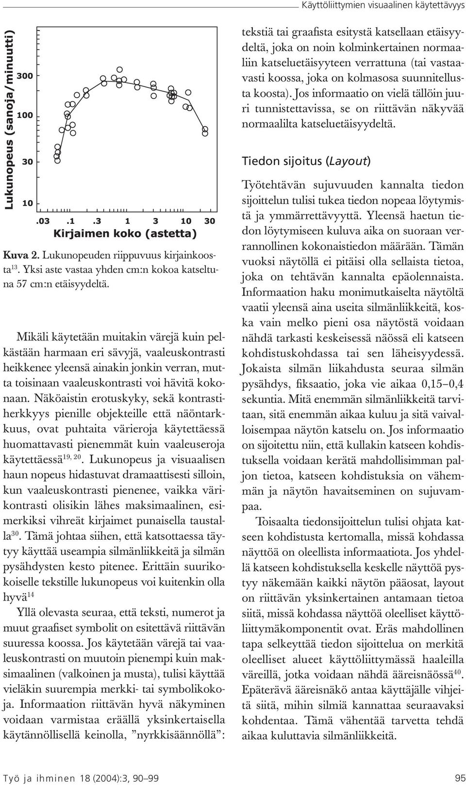 Lukunopeuden riippuvuus kirjainkoosta 13. Yksi aste vastaa yhden cm:n kokoa katseltuna 57 cm:n etäisyydeltä.