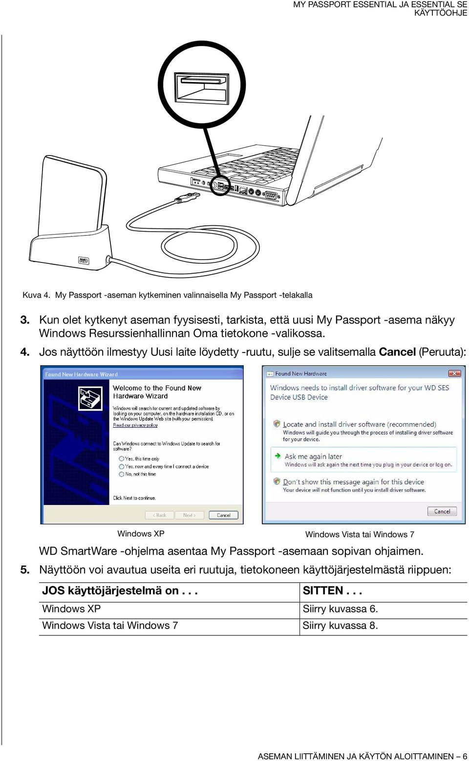 Jos näyttöön ilmestyy Uusi laite löydetty -ruutu, sulje se valitsemalla Cancel (Peruuta): Windows XP Windows Vista tai Windows 7 WD SmartWare -ohjelma asentaa My