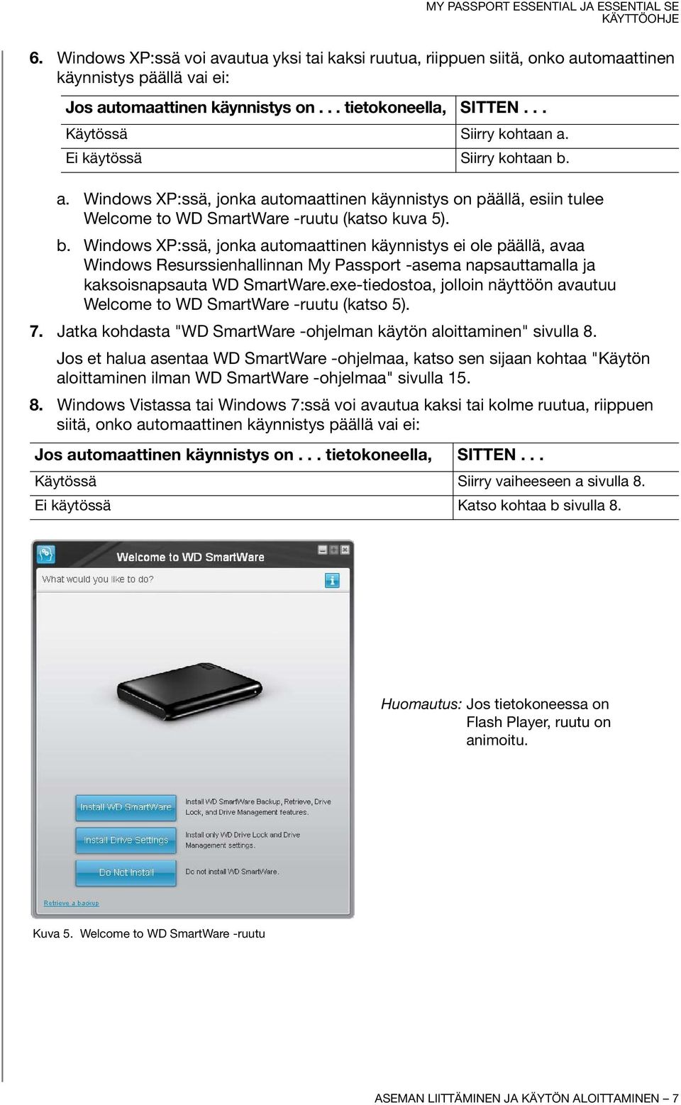 exe-tiedostoa, jolloin näyttöön avautuu Welcome to WD SmartWare -ruutu (katso 5). 7. Jatka kohdasta "WD SmartWare -ohjelman käytön aloittaminen" sivulla 8.