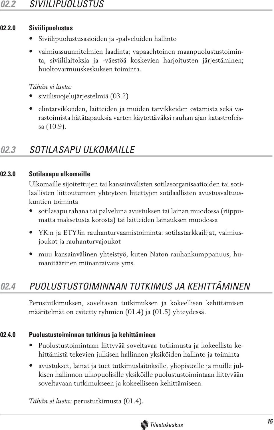 2) elintarvikkeiden, laitteiden ja muiden tarvikkeiden ostamista sekä varastoimista hätätapauksia varten käytettäväksi rauhan ajan katastrofeissa (10.9). 02.3 