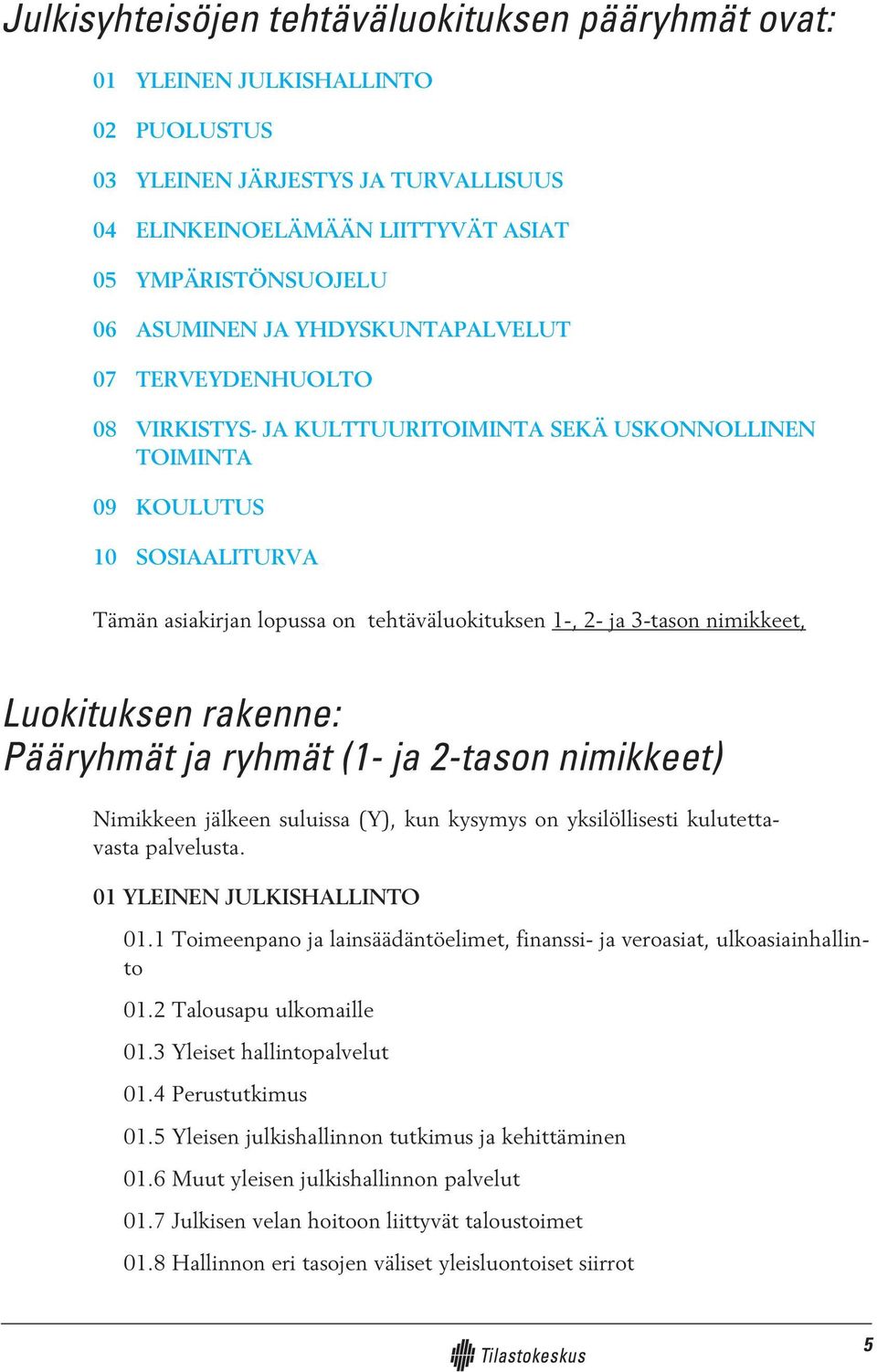 nimikkeet, Luokituksen rakenne: Pääryhmät ja ryhmät (1- ja 2-tason nimikkeet) Nimikkeen jälkeen suluissa (Y), kun kysymys on yksilöllisesti kulutettavasta palvelusta. 01 YLEINEN JULKISHALLINTO 01.