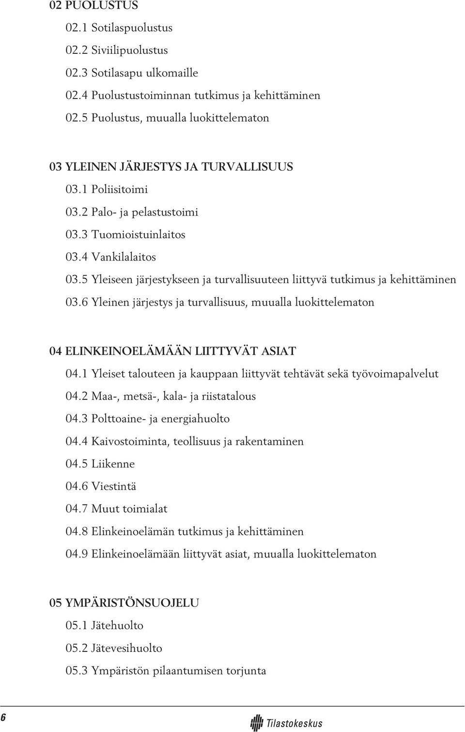 5 Yleiseen järjestykseen ja turvallisuuteen liittyvä tutkimus ja kehittäminen 03.6 Yleinen järjestys ja turvallisuus, muualla luokittelematon 04 ELINKEINOELÄMÄÄN LIITTYVÄT ASIAT 04.