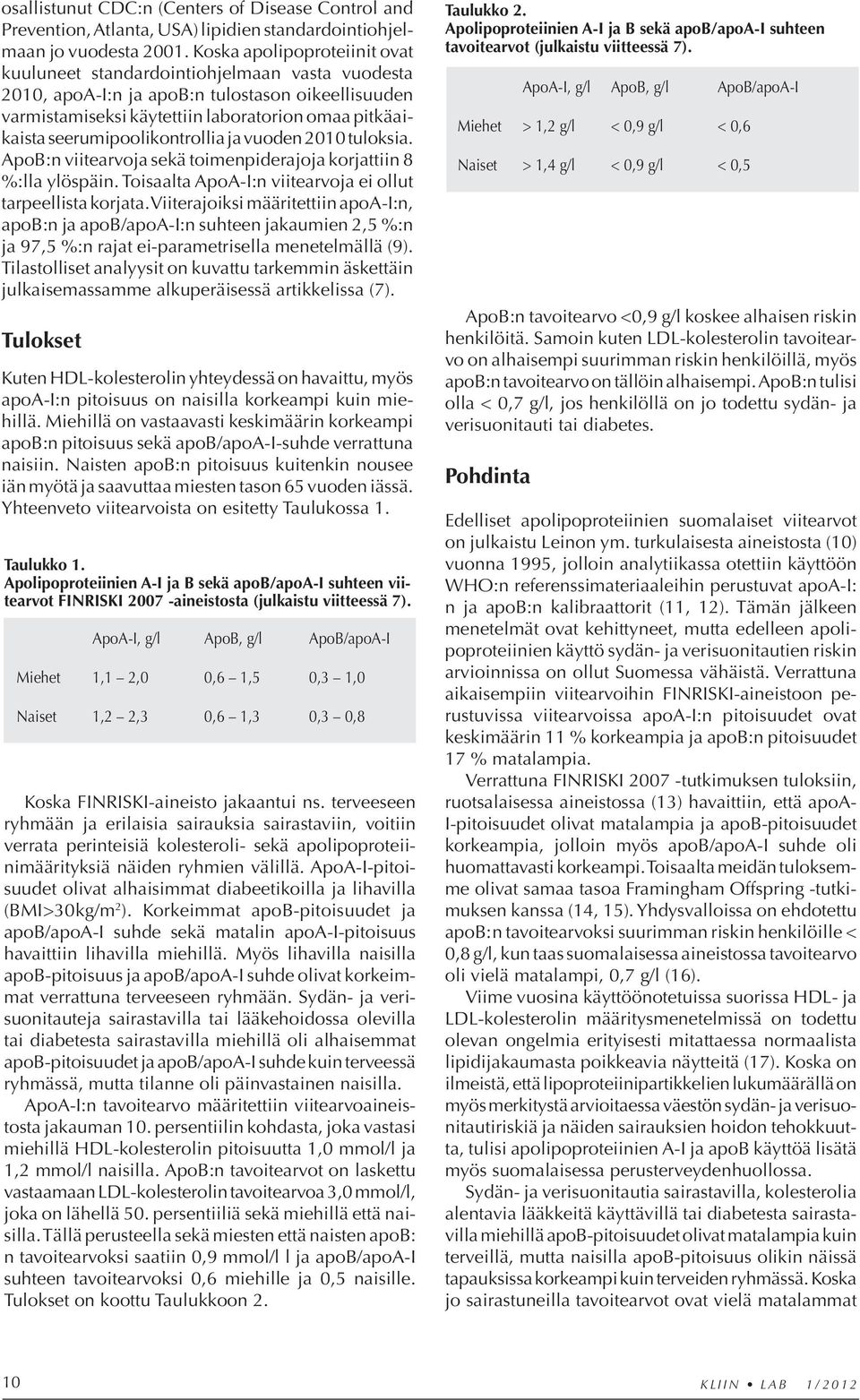 seerumipoolikontrollia ja vuoden 2010 tuloksia. ApoB:n viitearvoja sekä toimenpiderajoja korjattiin 8 %:lla ylöspäin. Toisaalta ApoA-I:n viitearvoja ei ollut tarpeellista korjata.