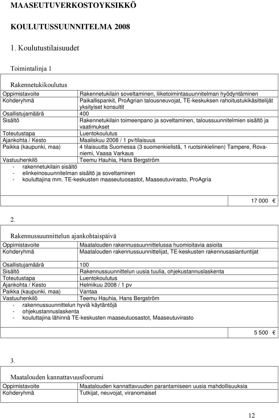 rahoitustukikäsittelijät yksityiset konsultit Osallistujamäärä 400 Rakennetukilain toimeenpano ja soveltaminen, taloussuunnitelmien sisältö ja vaatimukset Luentokoulutus Maaliskuu 2008 / 1