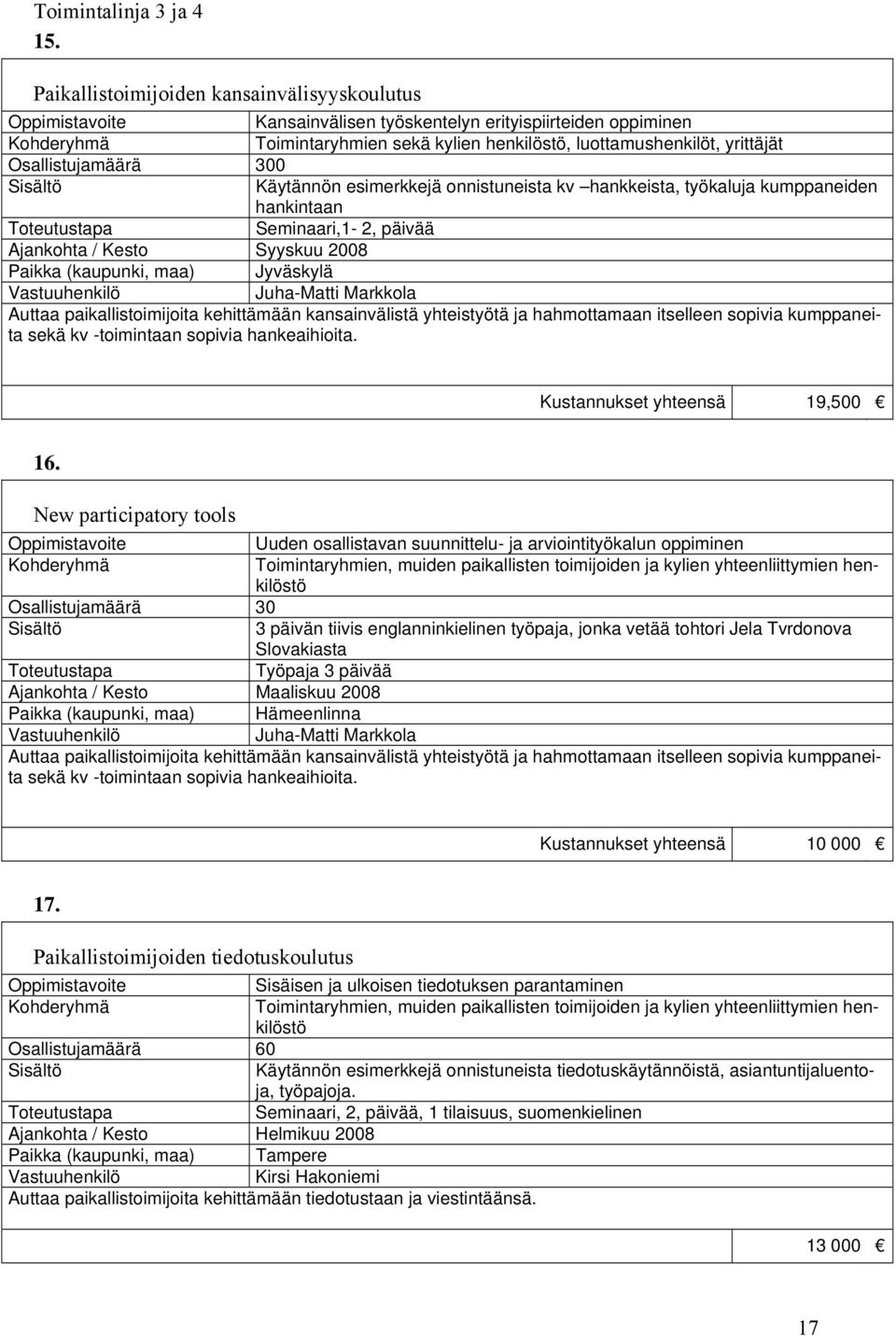 Käytännön esimerkkejä onnistuneista kv hankkeista, työkaluja kumppaneiden hankintaan Seminaari,1-2, päivää Syyskuu 2008 Paikka (kaupunki, maa) Jyväskylä Juha-Matti Markkola Auttaa paikallistoimijoita