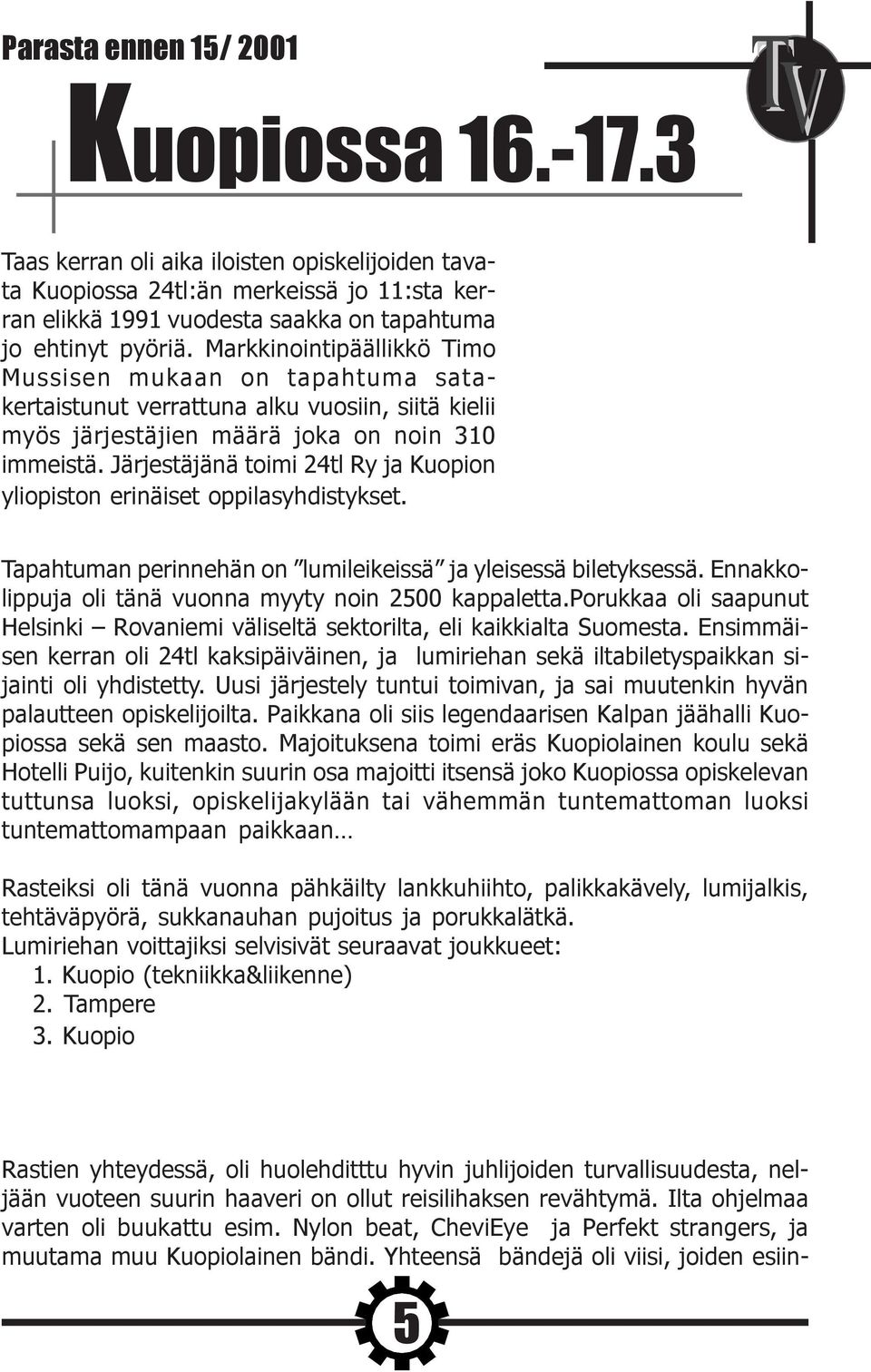 Järjestäjänä toimi 24tl Ry ja Kuopion yliopiston erinäiset oppilasyhdistykset. Tapahtuman perinnehän on lumileikeissä ja yleisessä biletyksessä.