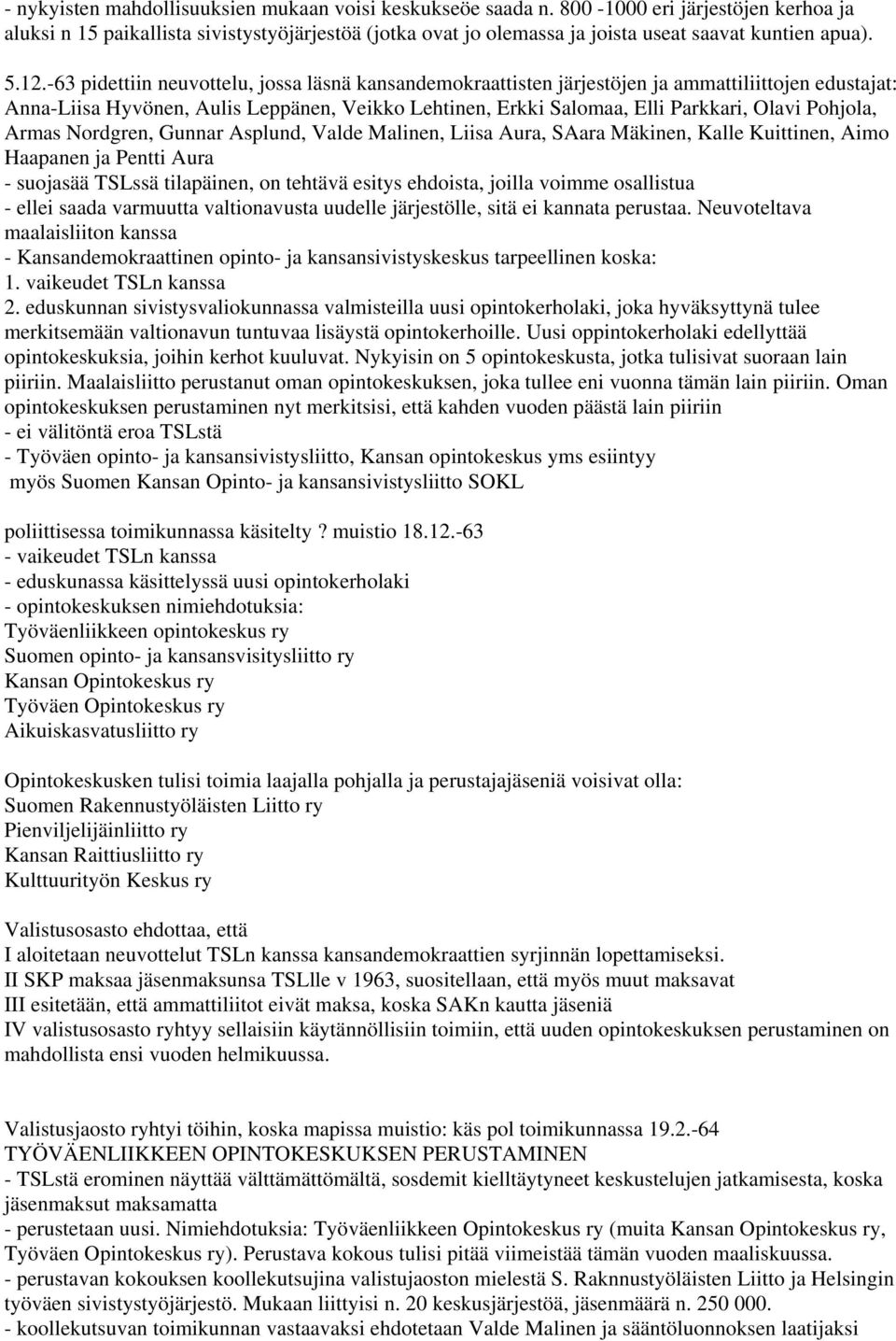 -63 pidettiin neuvottelu, jossa läsnä kansandemokraattisten järjestöjen ja ammattiliittojen edustajat: Anna-Liisa Hyvönen, Aulis Leppänen, Veikko Lehtinen, Erkki Salomaa, Elli Parkkari, Olavi