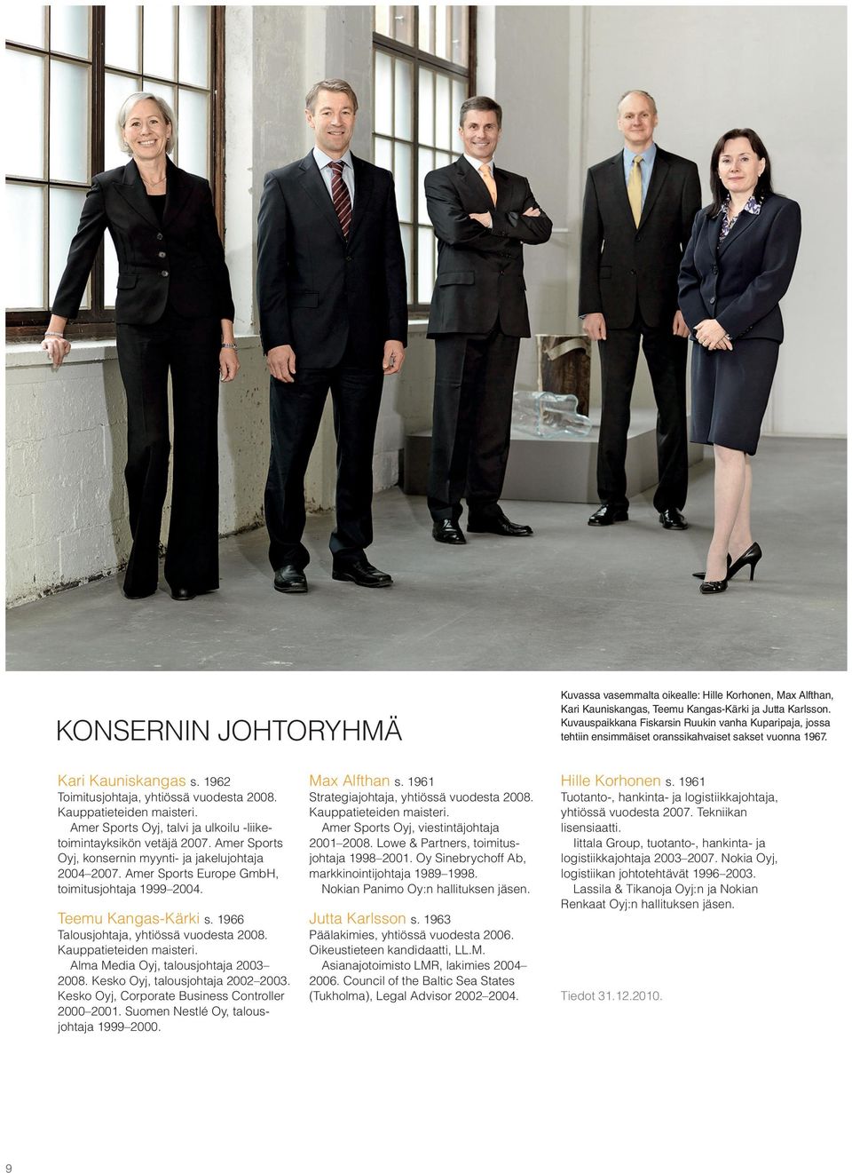 Kauppatieteiden maisteri. Amer Sports Oyj, talvi ja ulkoilu -liiketoimintayksikön vetäjä 2007. Amer Sports Oyj, konsernin myynti- ja jakelujohtaja 2004 2007.