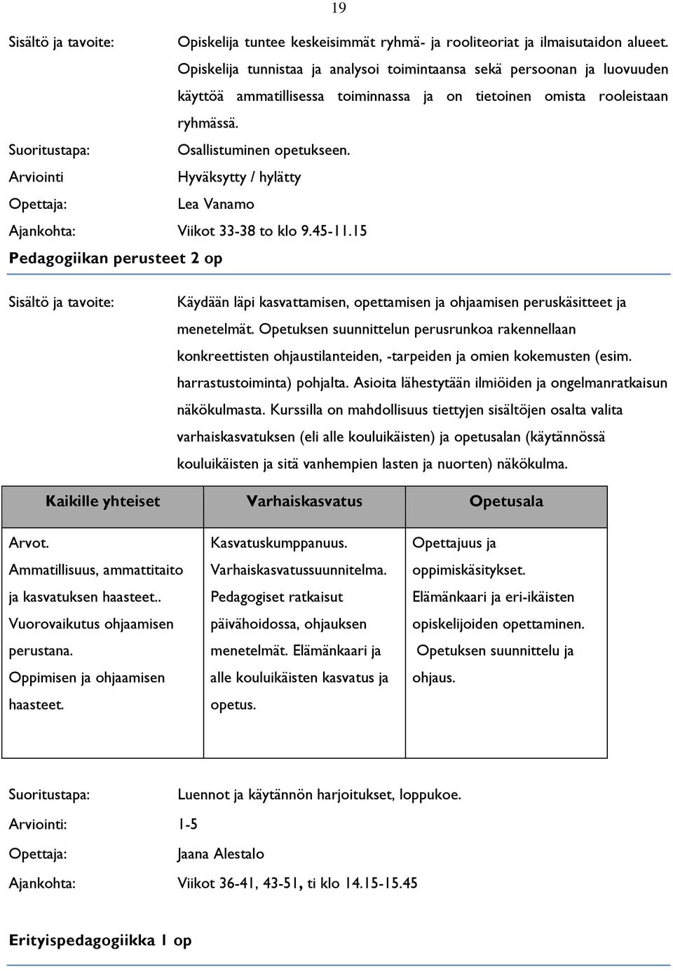 Arviointi Lea Vanamo Viikot 33-38 to klo 9.45-11.15 Pedagogiikan perusteet 2 op Käydään läpi kasvattamisen, opettamisen ja ohjaamisen peruskäsitteet ja menetelmät.