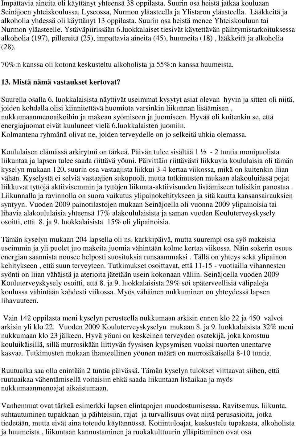 luokkalaiset tiesivät käytettävän päihtymistarkoituksessa alkoholia (197), pillereitä (25), impattavia aineita (45), huumeita (18), lääkkeitä ja alkoholia (28).