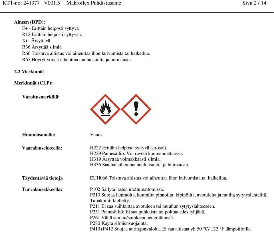 2 Merkinnät Merkinnät (CLP): Varoitusmerkillä: Huomiosanalla: Vaaralausekkeella: Täydentäviä tietoja Turvalausekkeella: Vaara H222 Erittäin helposti syttyvä aerosoli.