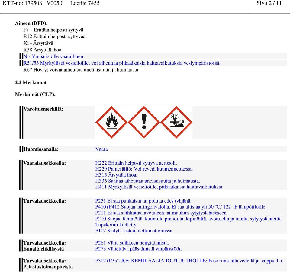 2 Merkinnät Merkinnät (CLP): Varoitusmerkillä: Huomiosanalla: Vaaralausekkeella: Turvalausekkeella: Turvalausekkeella: Ennaltaehkäisystä Turvalausekkeella: Pelastustoimenpiteistä Vaara H222 Erittäin