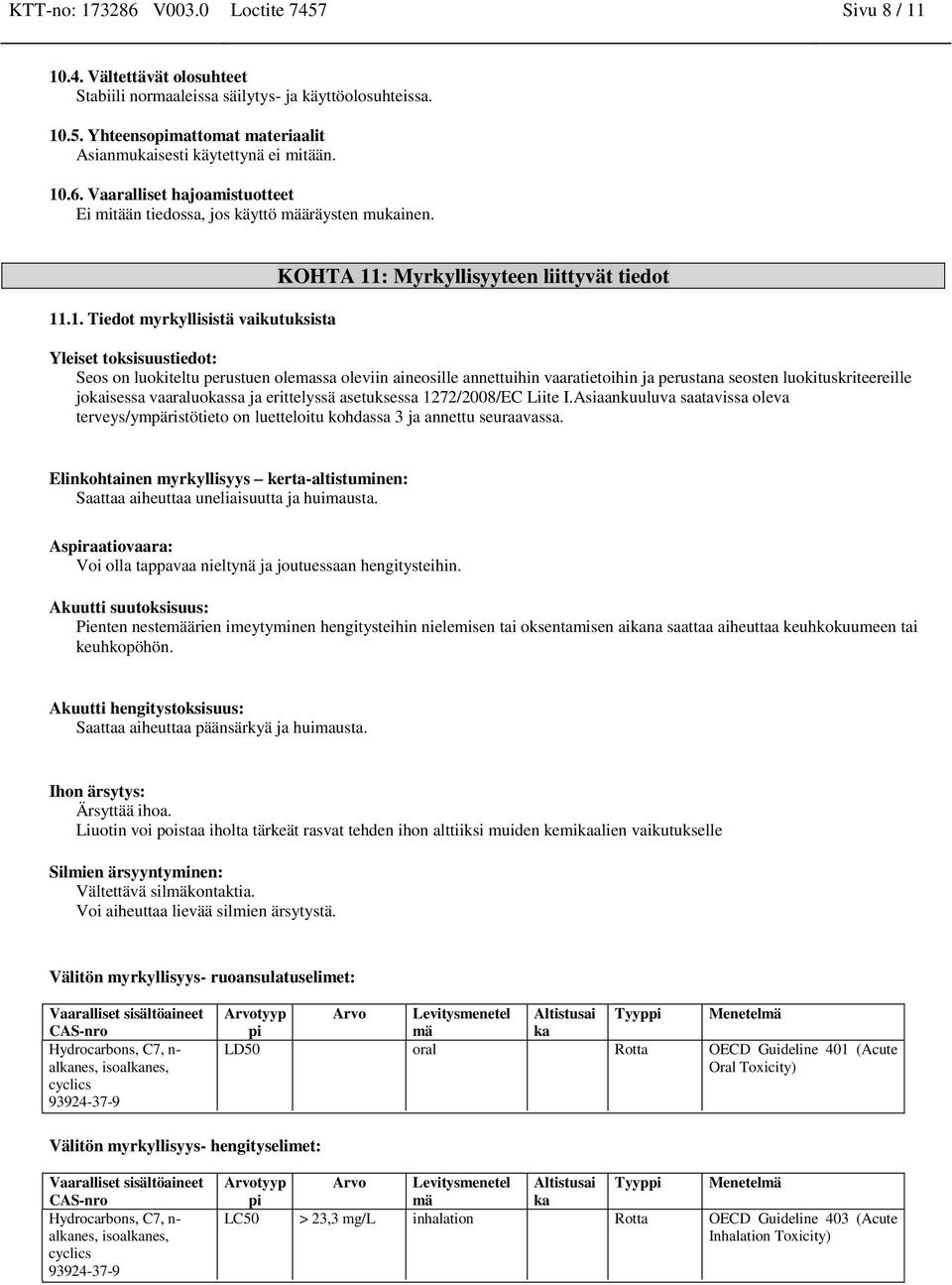 Seos on luokiteltu perustuen olemassa oleviin aineosille annettuihin vaaratietoihin ja perustana seosten luokituskriteereille jokaisessa vaaraluokassa ja erittelyssä asetuksessa 1272/2008/EC Liite I.