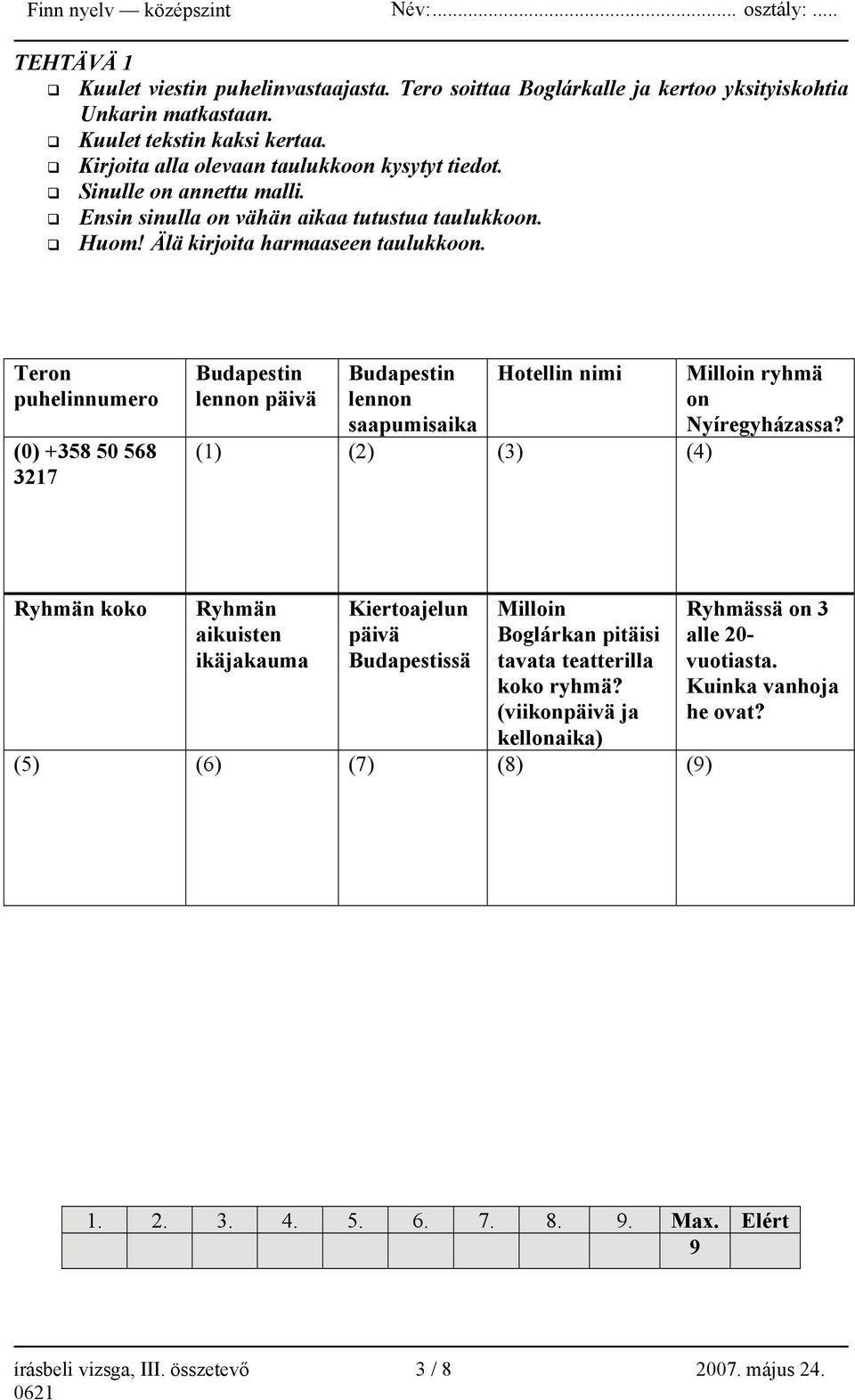 Teron puhelinnumero (0) +358 50 568 3217 Budapestin lennon päivä Budapestin lennon saapumisaika Hotellin nimi (1) (2) (3) (4) Milloin ryhmä on Nyíregyházassa?