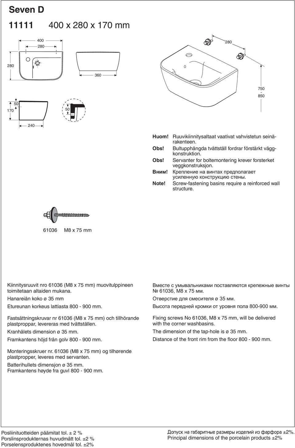 винтах предполагает усиленную конструкцию стены Screw-fastening basins require a reinforced wall structure 61036 M8 x 75 mm Kiinnitysruuvit nro 61036 (M8 x 75 mm) muovitulppineen toimitetaan altaiden