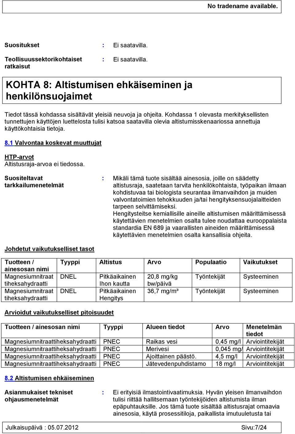 1 Valvontaa koskevat muuttujat HTP-arvot Altistusraja-arvoa ei tiedossa.