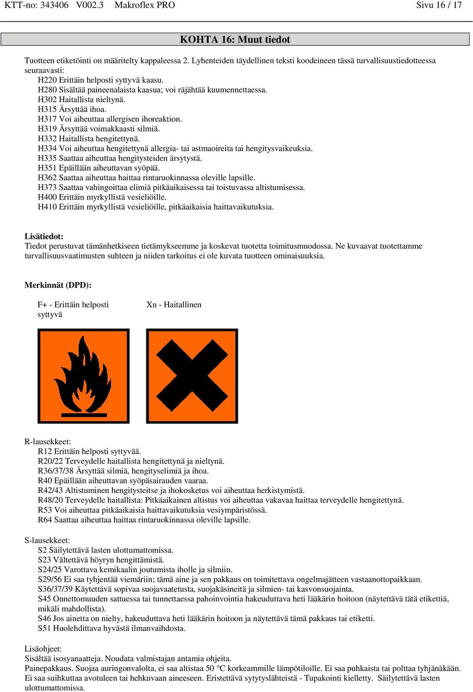 H302 Haitallista nieltynä. H315 Ärsyttää ihoa. H317 Voi aiheuttaa allergisen ihoreaktion. H319 Ärsyttää voimakkaasti silmiä. H332 Haitallista hengitettynä.