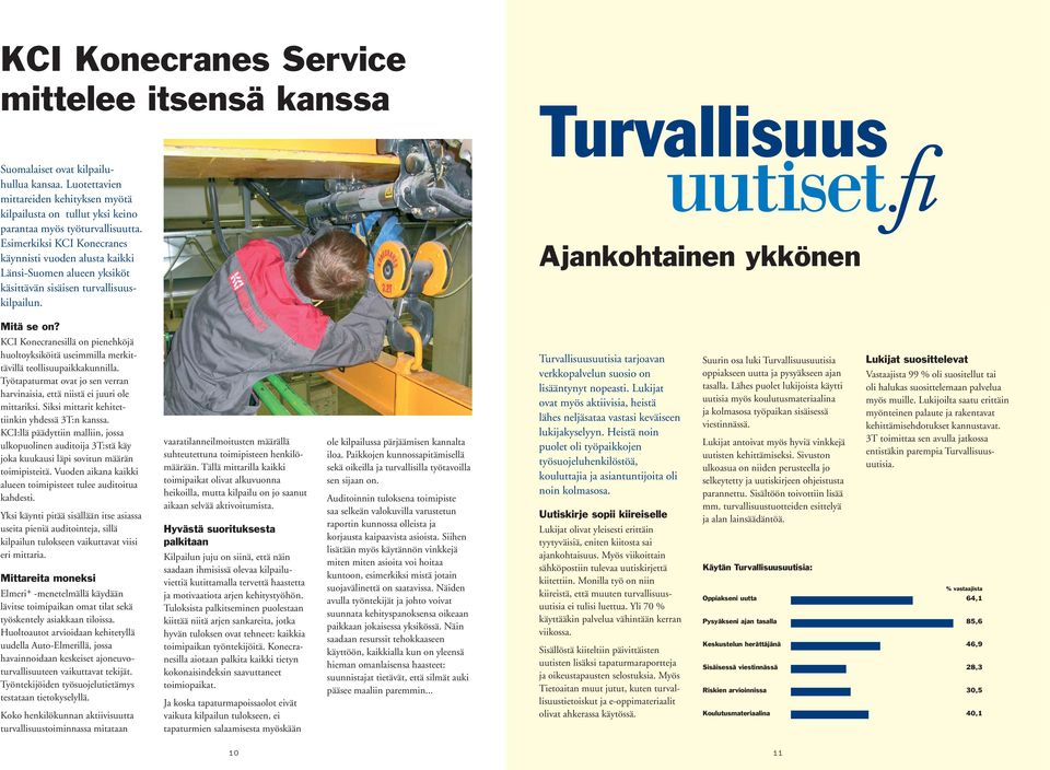 KCI Konecranesillä on pienehköjä huoltoyksiköitä useimmilla merkittävillä teollisuupaikkakunnilla. Työtapaturmat ovat jo sen verran harvinaisia, että niistä ei juuri ole mittariksi.