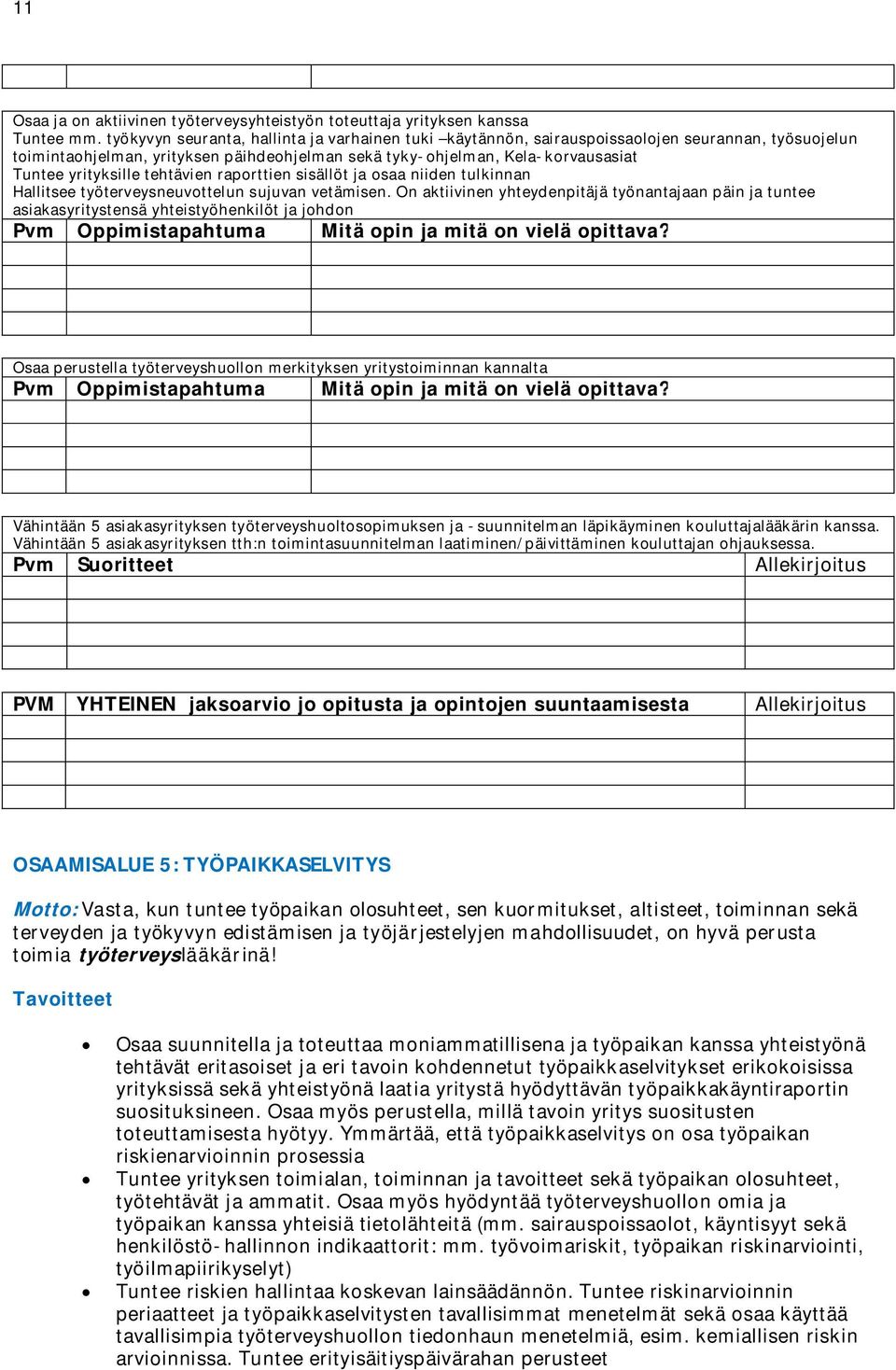 tehtävien raporttien sisällöt ja osaa niiden tulkinnan Hallitsee työterveysneuvottelun sujuvan vetämisen.