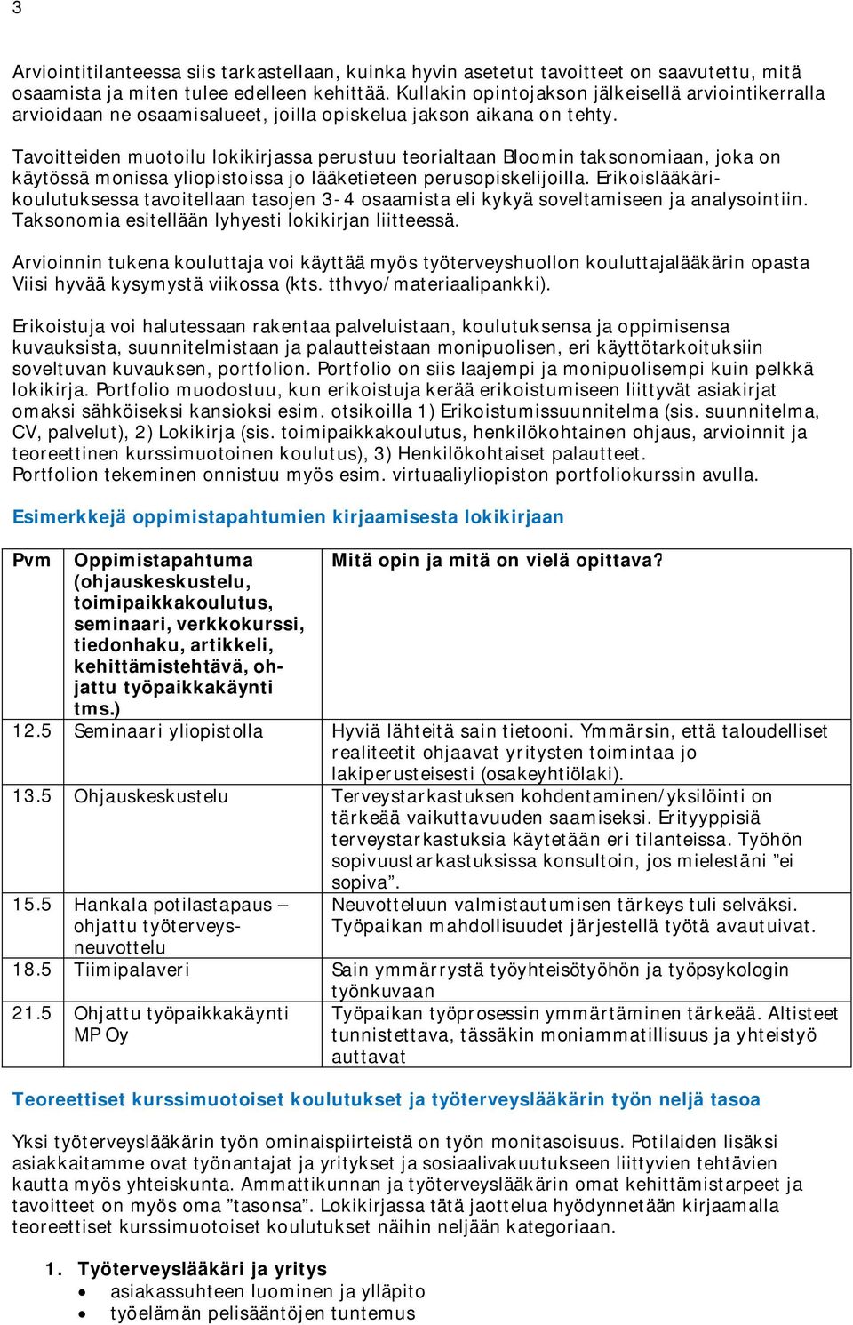 Tavoitteiden muotoilu lokikirjassa perustuu teorialtaan Bloomin taksonomiaan, joka on käytössä monissa yliopistoissa jo lääketieteen perusopiskelijoilla.