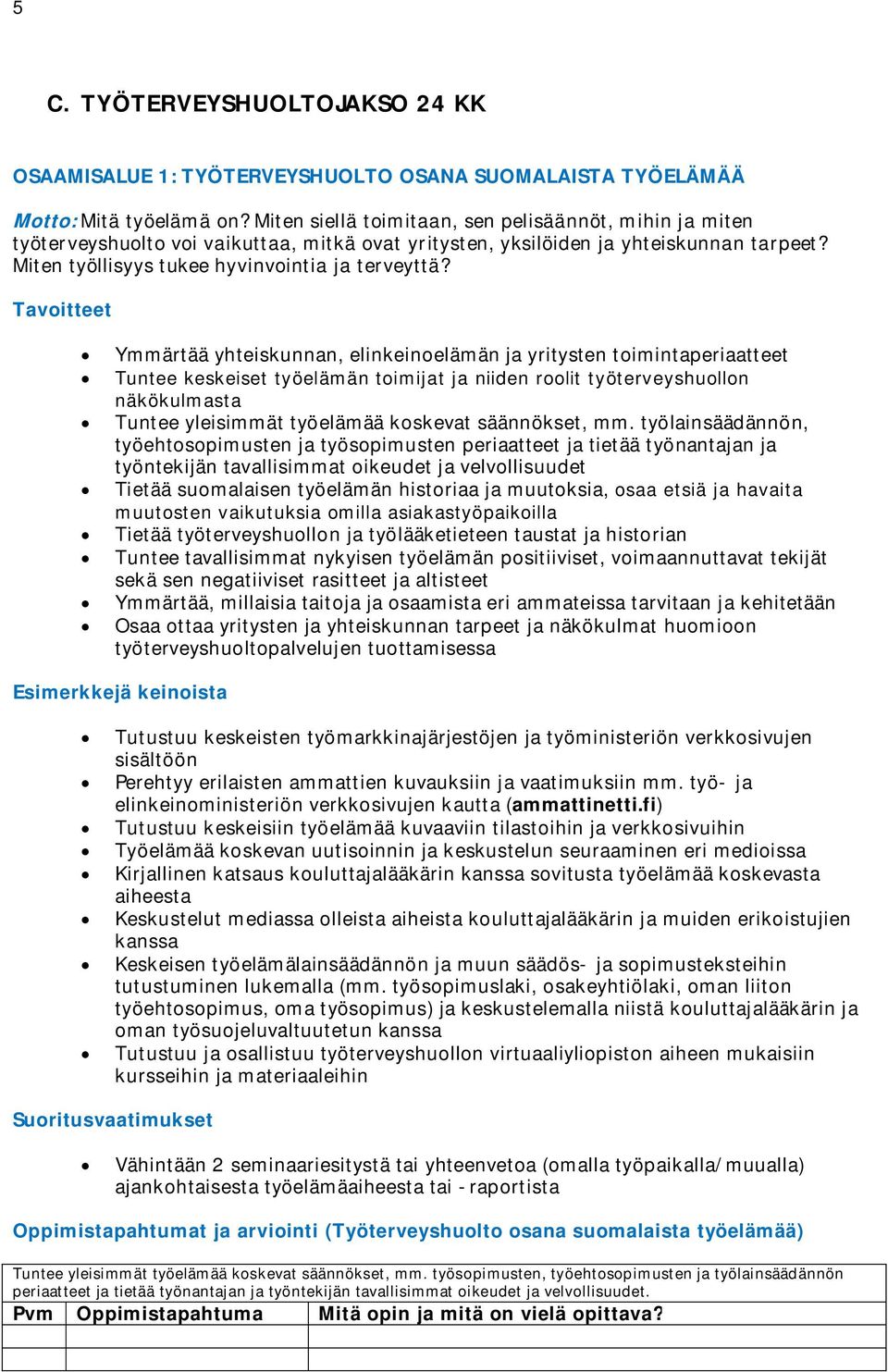 Tavoitteet Ymmärtää yhteiskunnan, elinkeinoelämän ja yritysten toimintaperiaatteet Tuntee keskeiset työelämän toimijat ja niiden roolit työterveyshuollon näkökulmasta Tuntee yleisimmät työelämää