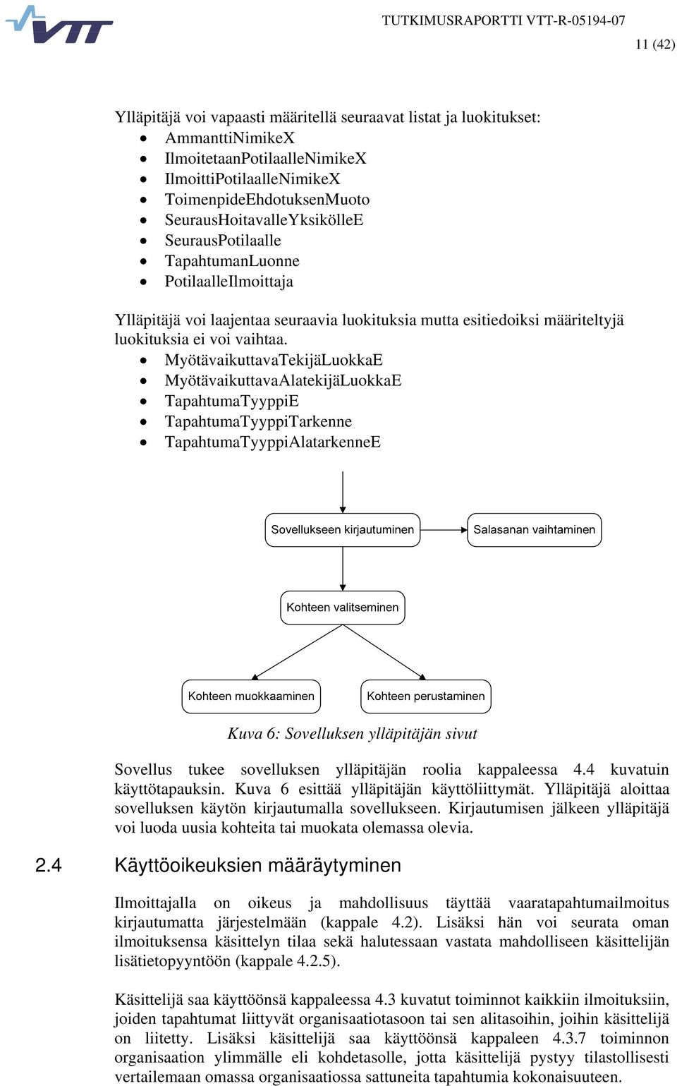 MyötävaikuttavaTekijäLuokkaE MyötävaikuttavaAlatekijäLuokkaE TapahtumaTyyppiE TapahtumaTyyppiTarkenne TapahtumaTyyppiAlatarkenneE Kuva 6: Sovelluksen ylläpitäjän sivut Sovellus tukee sovelluksen