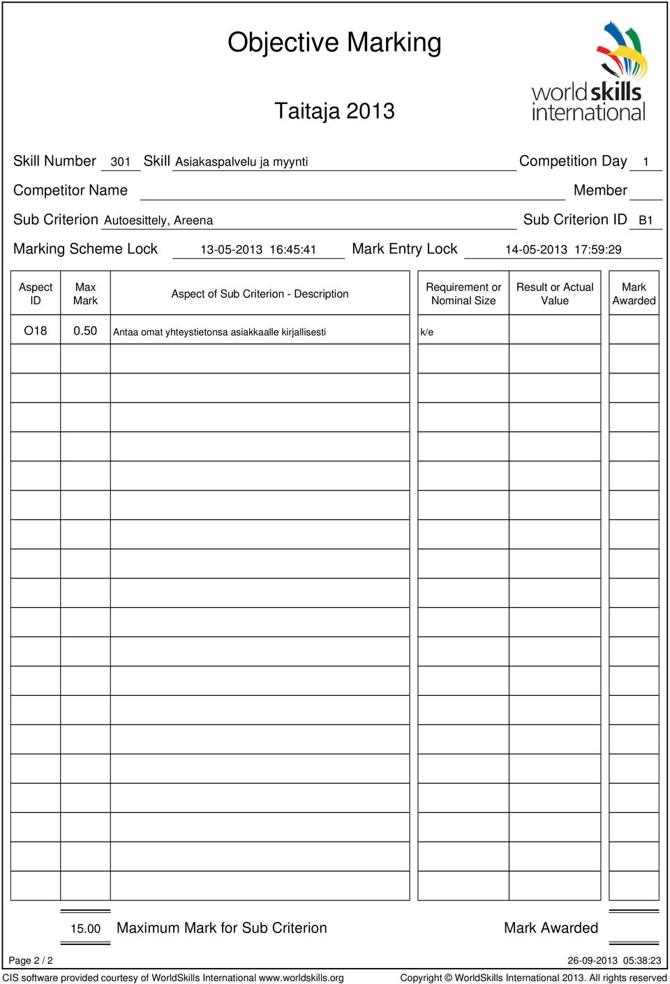 Entry Lock 14-05-2013 17:59:29 of Sub Criterion - Description Result or O18 0.