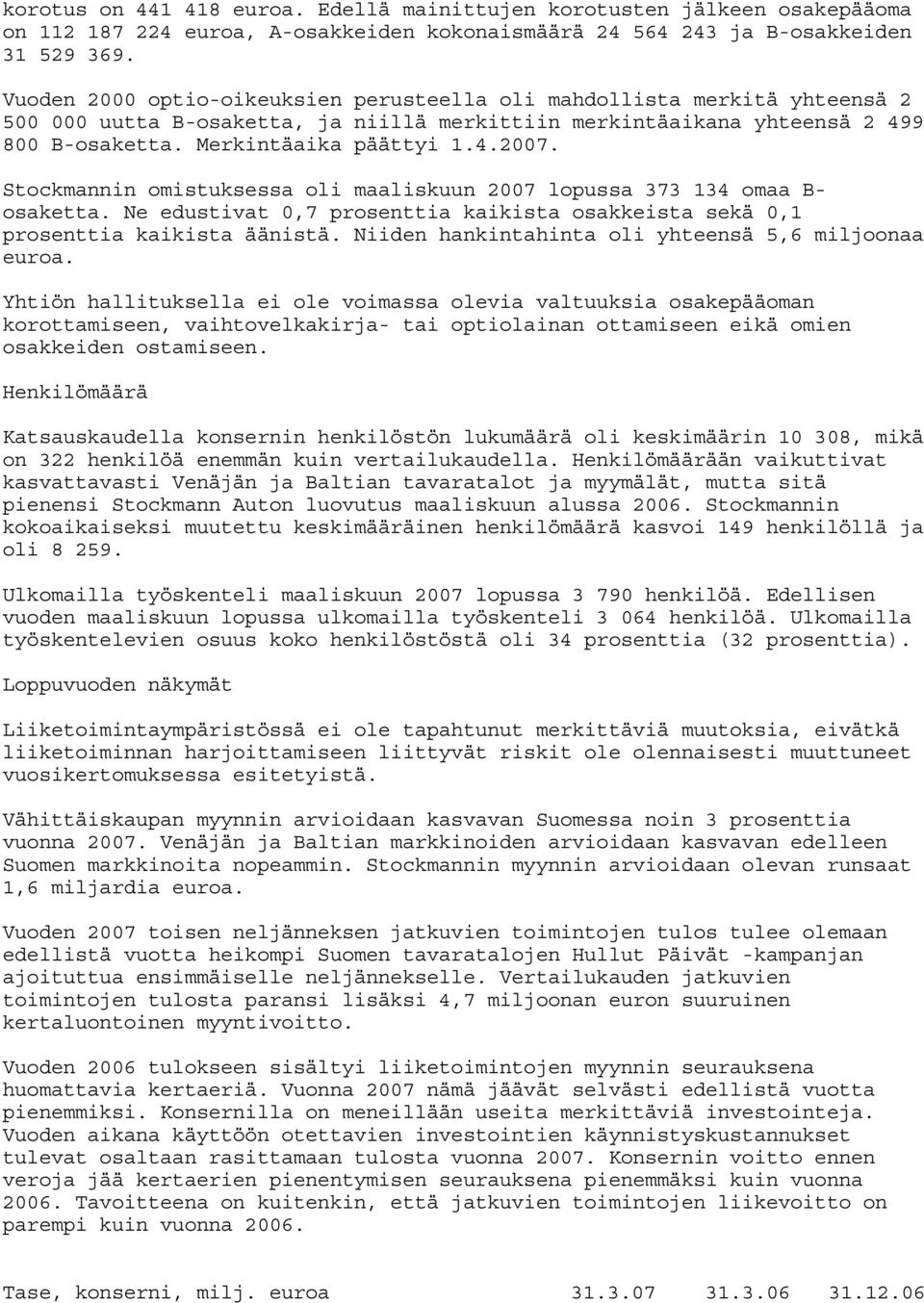 Stockmannin omistuksessa oli maaliskuun 2007 lopussa 373 134 omaa B- osaketta. Ne edustivat 0,7 kaikista osakkeista sekä 0,1 kaikista äänistä. Niiden hankintahinta oli yhteensä 5,6 miljoonaa euroa.