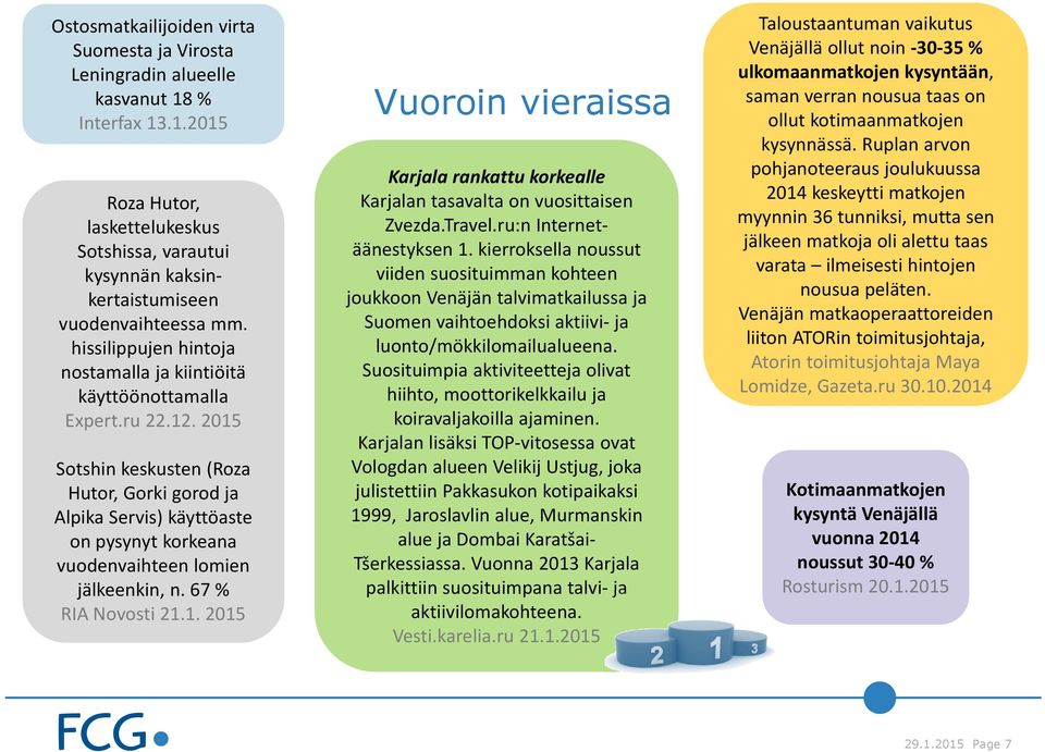 2015 Sotshin keskusten (Roza Hutor, Gorki gorod ja Alpika Servis) käyttöaste on pysynyt korkeana vuodenvaihteen lomien jälkeenkin, n. 67 % RIA Novosti 21.1. 2015 Vuoroin vieraissa Karjala rankattu korkealle Karjalan tasavalta on vuosittaisen Zvezda.