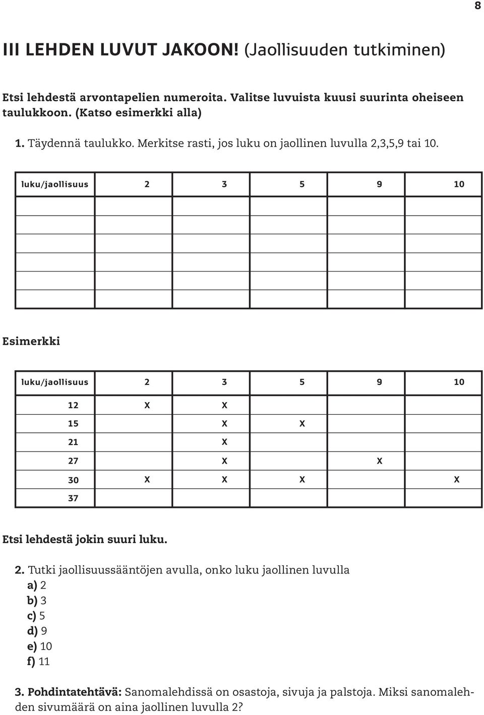 luku/jaollisuus 2 3 5 9 10 Esimerkki luku/jaollisuus 2 3 5 9 10 12 15 21 27 30 37 Etsi lehdestä jokin suuri luku. 2. Tutki jaollisuussääntöjen avulla, onko luku jaollinen luvulla a) 2 b) 3 c) 5 d) 9 e) 10 f) 11 3.