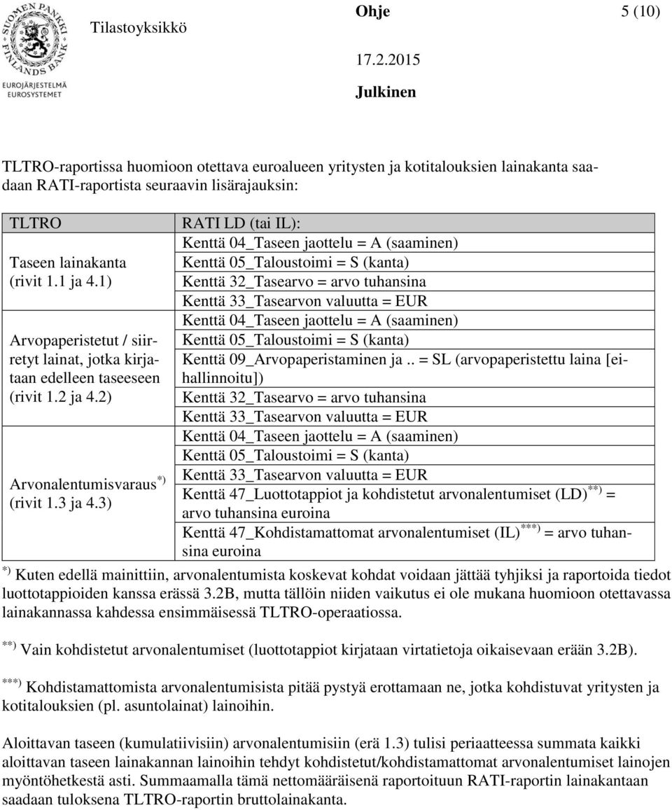 3) RATI LD (tai IL): Kenttä 04_Taseen jaottelu = A (saaminen) Kenttä 05_Taloustoimi = S (kanta) Kenttä 32_Tasearvo = arvo tuhansina Kenttä 04_Taseen jaottelu = A (saaminen) Kenttä 05_Taloustoimi = S
