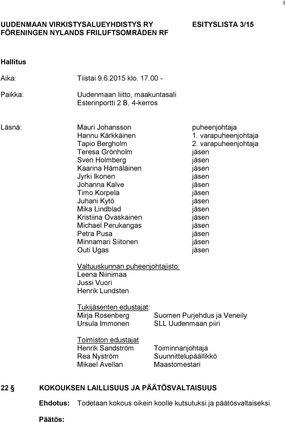 varapuheenjohtaja Teresa Grönholm Sven Holmberg Kaarina Hämäläinen Jyrki Ikonen Johanna Kalve Timo Korpela Juhani Kytö Mika Lindblad Kristiina Ovaskainen Michael Perukangas Petra Pusa Minnamari