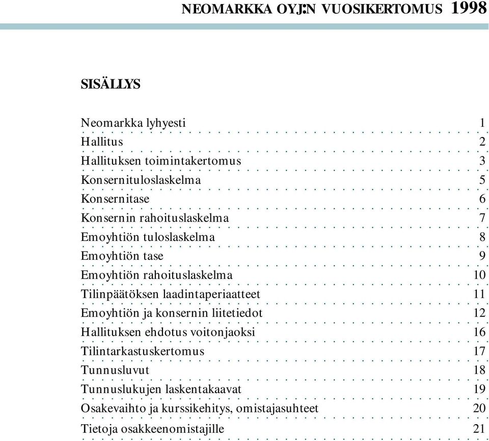 rahoituslaskelma 10 Tilinpäätöksen laadintaperiaatteet 11 Emoyhtiön ja konsernin liitetiedot 12 Hallituksen ehdotus