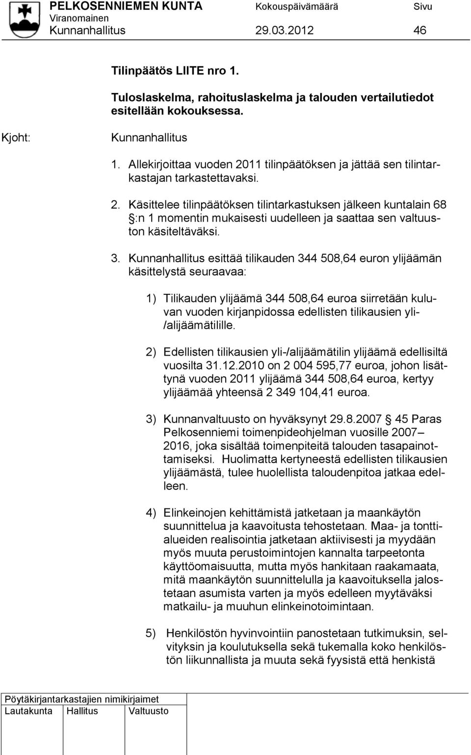 3. Kunnanhallitus esittää tilikauden 344 508,64 euron ylijäämän käsittelystä seuraavaa: 1) Tilikauden ylijäämä 344 508,64 euroa siirretään kuluvan vuoden kirjanpidossa edellisten tilikausien yli-