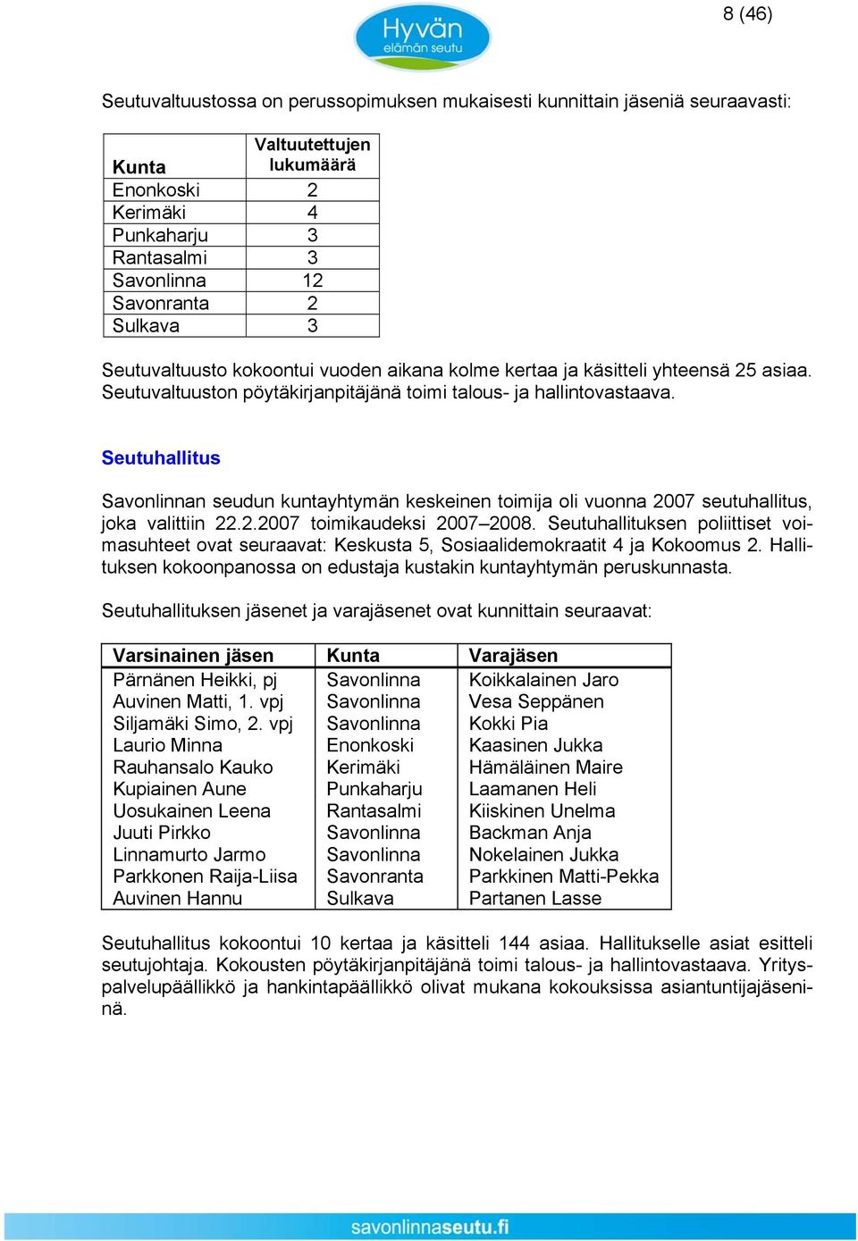 Seutuhallitus Savonlinnan seudun kuntayhtymän keskeinen toimija oli vuonna 2007 seutuhallitus, joka valittiin 22.2.2007 toimikaudeksi 2007 2008.